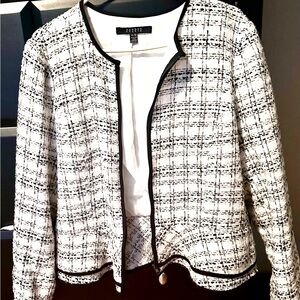 White/black stripe boucle peplum style zip up formal jacket.